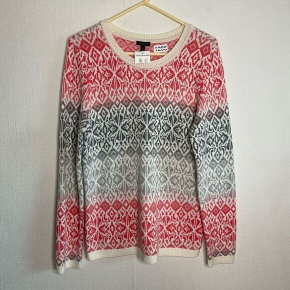 NEW Talbots‎ Sweater size M Gray Coral Fair Isle Lambs Wool Pullover Cozy Preppy - Picture 1 of 8